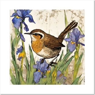 Wren Bird in Irises of Van Gogh Bird Dad Chubby Cute Bird Posters and Art